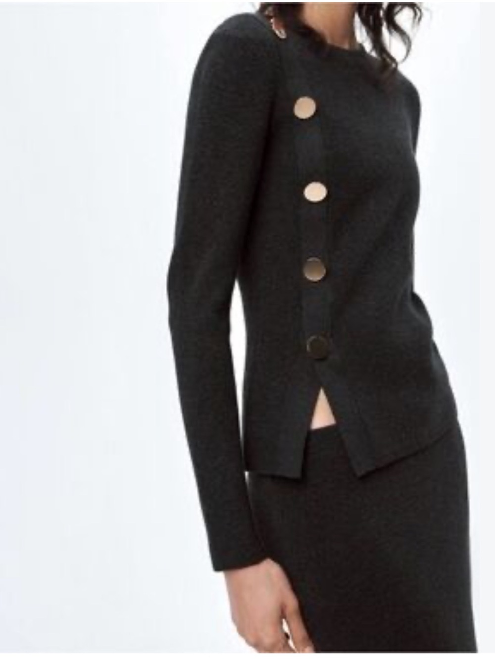Zara Black Crewneck Sweater with Gold-Tone Asymmetric Buttons